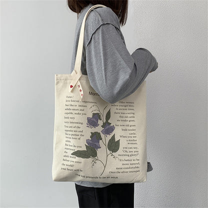 Realaiot Women's Style Canvas Shopping Bag Retro Simple Shoulder Illustration Flowers Tote Bag Pattern Printing Large Capacity Handbag