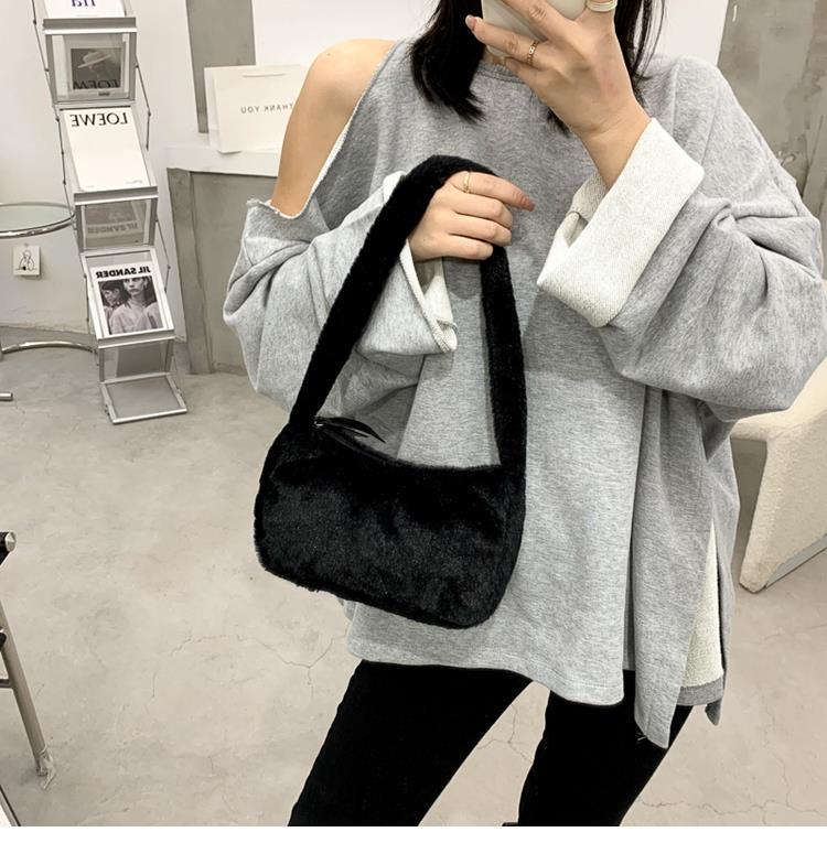 Realaiot Simple Design Women Soft Plush Hobos Shoulder Bags Winter Furry Ladies Clutch Purse Handbag Fashion Female  Underarm Bag