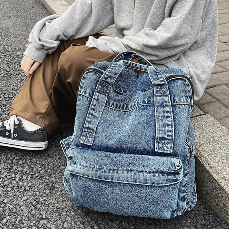 Cyflymder New Denim Women Backpack Retro Travel Bagpack Large Capacity Backbag College Student School Bags for Teenager Girls Rugtas