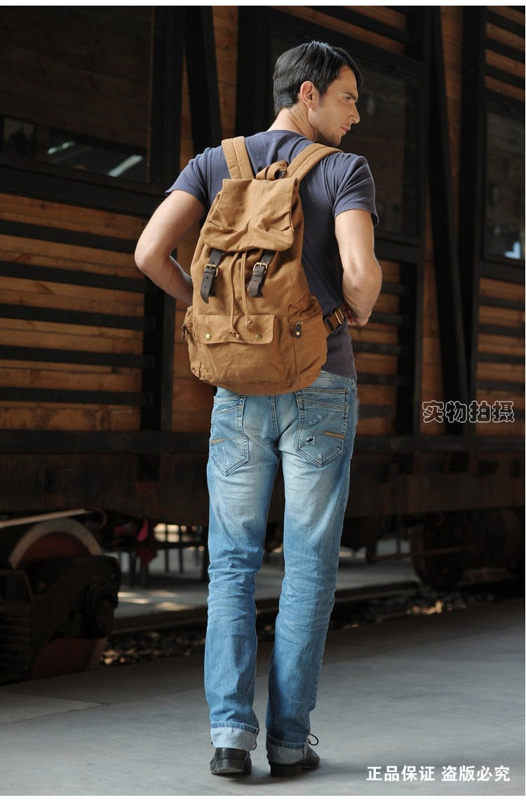 Realaiot Fashion Vintage Leather Military Canvas Backpack Men's Backpack School Bag Drawstring Backpack Women Bagpack Male Rucksack