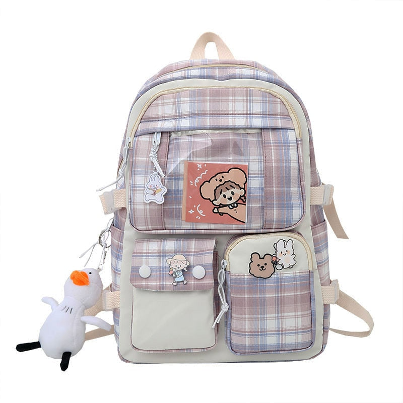 Cyflymder Plaid Transparent PVC Kawaii Contrast Color Girls College Leisure Kawaii Backpack Large Nylon School Backpack For Women Bags