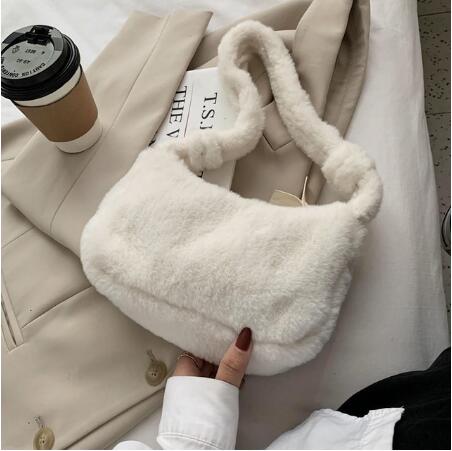 Realaiot Simple Design Women Soft Plush Hobos Shoulder Bags Winter Furry Ladies Clutch Purse Handbag Fashion Female  Underarm Bag