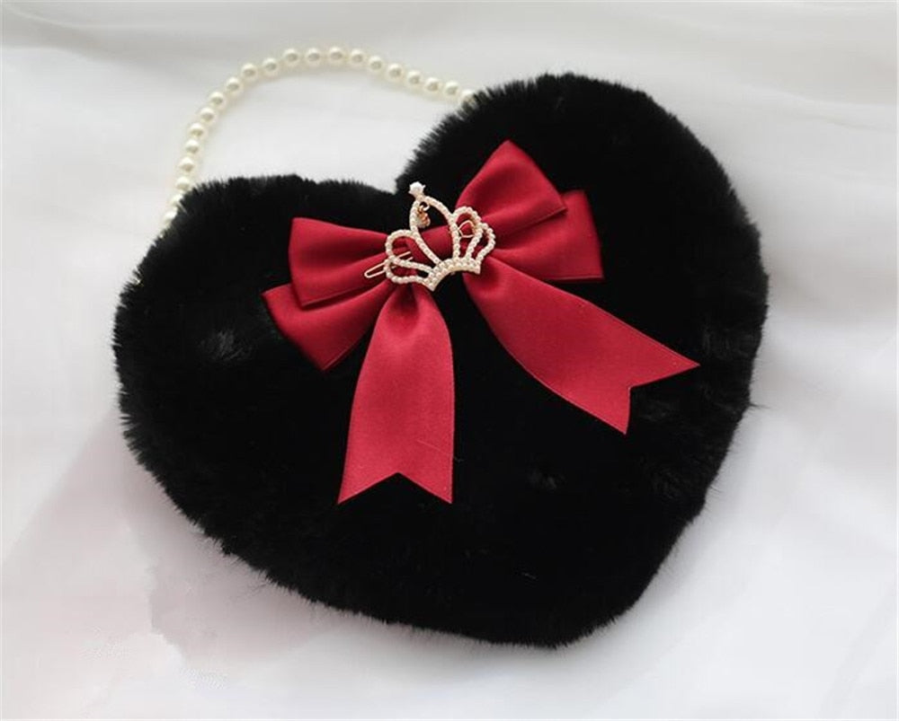 Realaiot Kawaii Heart-shaped Lolita Girl Messenger bag Harajuku Plush Bow JK Uniform Cute Furry Chain Shoulder Bag Handbag