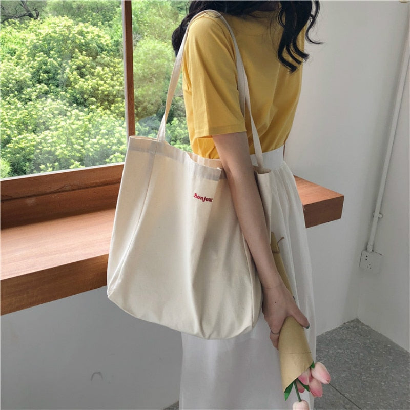 Realaiot Canvas Bag High Quality Reusable Shopping Bag Simple Casual Daily Use Handbag Shoulder Bags Portable Shopper Bag Folding Totebag