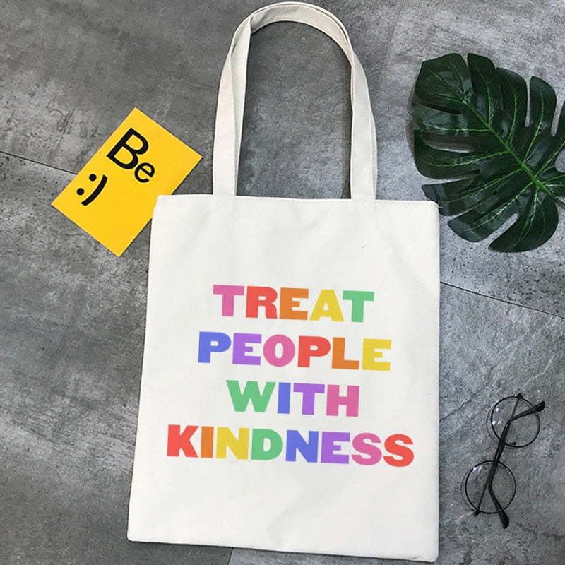 Realaiot Treat People with Kindness Letter Casual Harry Styles Fashion Canvas Big Capacity Harajuku Women New Fun Vintage Shoulder Bag