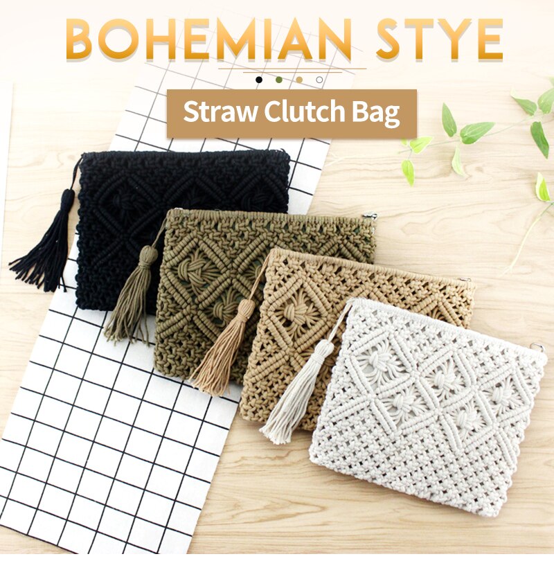 Realaiot Women's Bohemian Style Straw Woven Day Clutches Bags Fashionable Simple Tassel Causal Handbag Vintage Beach Bag For Women Girl