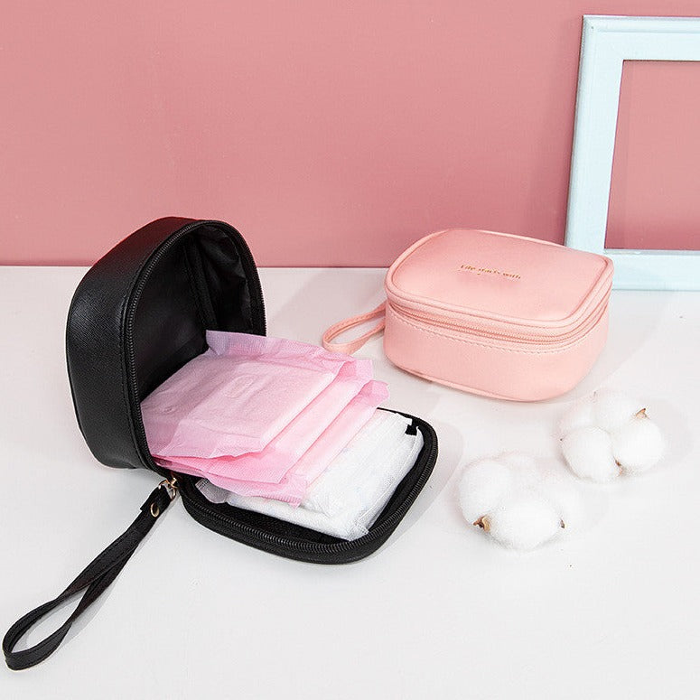 Realaiot Girls Sanitary Napkin Pad Pouch PU Leather Tampon Storage Bag Portable Makeup Lipstick Key Earphone Data Cables Travel Organizer