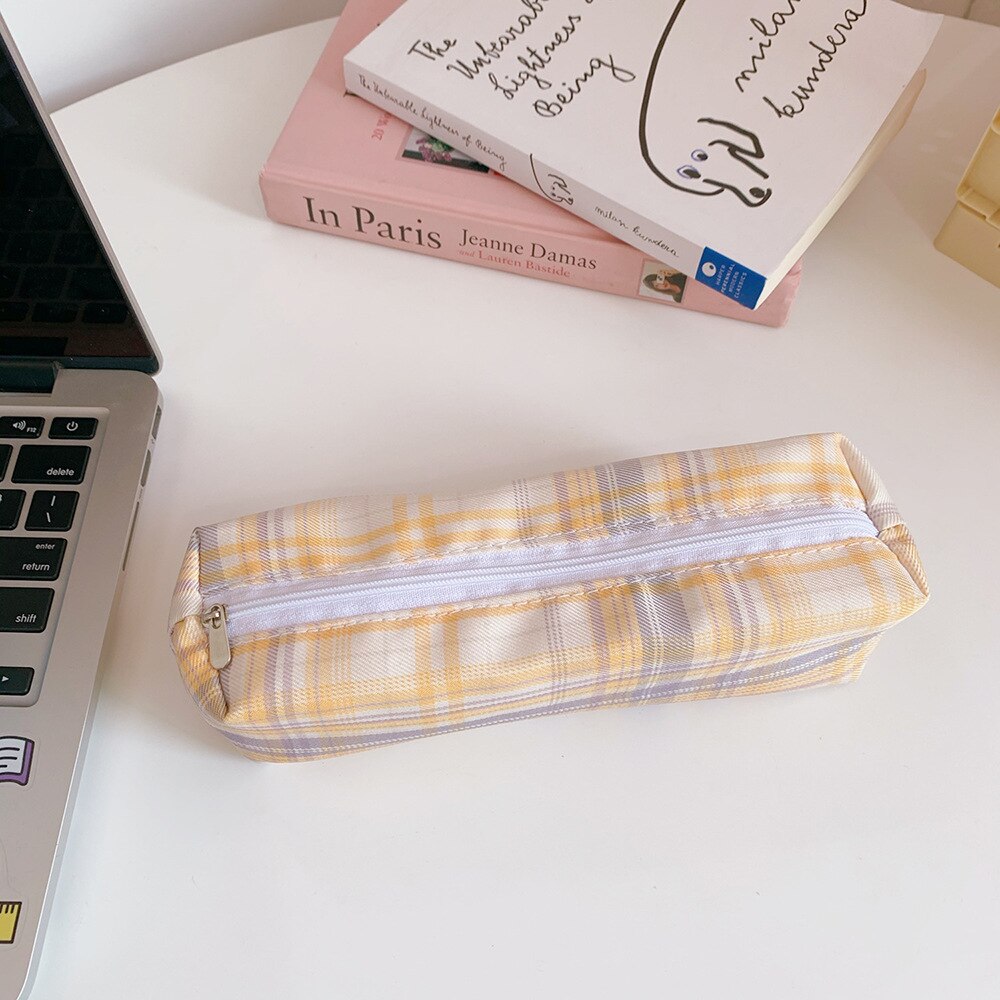 Realaiot Ins Pencil Case Girls Korean Large-capacity Cute Plaid Pencil Case Box School Teenagers Multifunctional Kawaii Stationery Bag