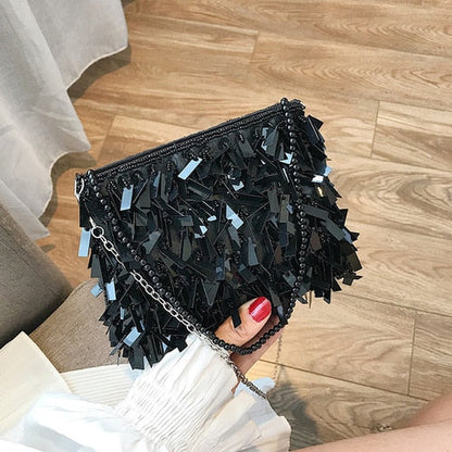 Realaiot Fashion Design Luxury Silver Sequin Rhinestone Tassel Women Small Shoulder Bags Chain Elegant Ladies Party Evening Clutch Purse