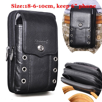 Realaiot Vintage Crazy Horse Leather Small Summer Hip Bum Pouch Hook Design Cigarette Case 7" Phone Pouch Fanny Waist Pack Belt Bag