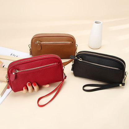 Realaiot Genuine Leather Women Double Zip Wallet New Ladies Clutch Purse Cowhide Wristlet Bag Coin Purse Fashion Mobile Phone Bags