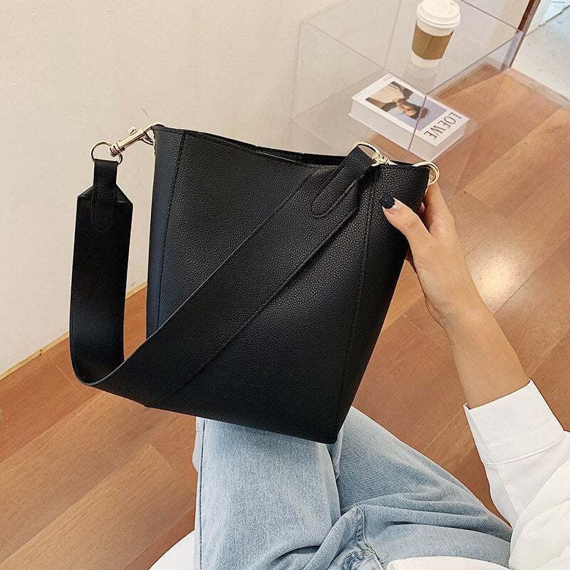 Realaiot Solid Color Pu Leather Crossbody Bags For Women Bucket Bags New Lady Handbags With Wide Belt Travel Shoulder Bags Casual