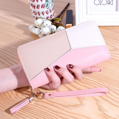 Realaiot Geometric Women Wallets with Zipper Pink Phone Pocket Purse Card Holder Patchwork Women Long Wallet Lady Tassel Short Coin Purse