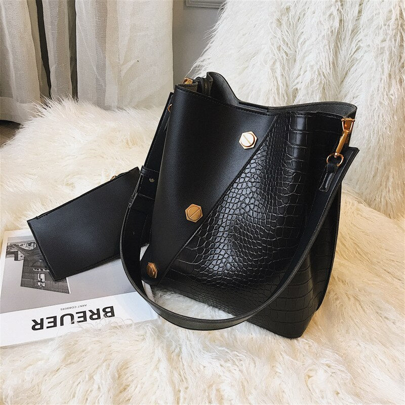 Realaiot Fashion pu leather Bucket bag Women shoulder bags Women's handbag women Crossbody bags female clutches Ladies wallet black Gifts for Mom