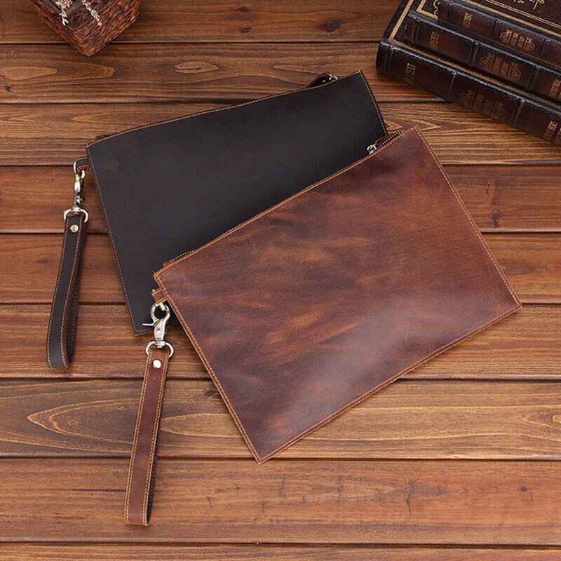 Realaiot Genuine Leather Men's Clutch Bag Big Crazy Horse Leather Business Document Envelope Top Layer Cowhide Clutch Men's Bag