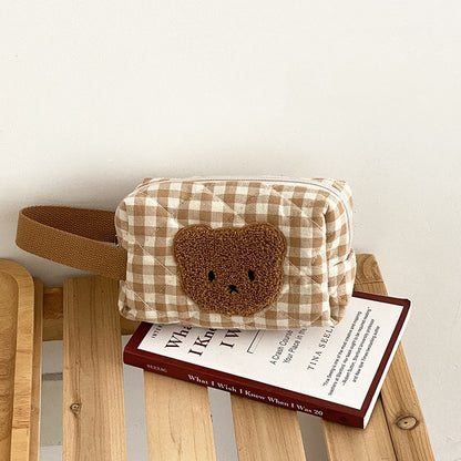 Realaiot Cute Bear Makeup Bag Large Capacity Portable Cosmetic Bags Zipper Pure Cotton Plaid Brushes Pouch Case For Women