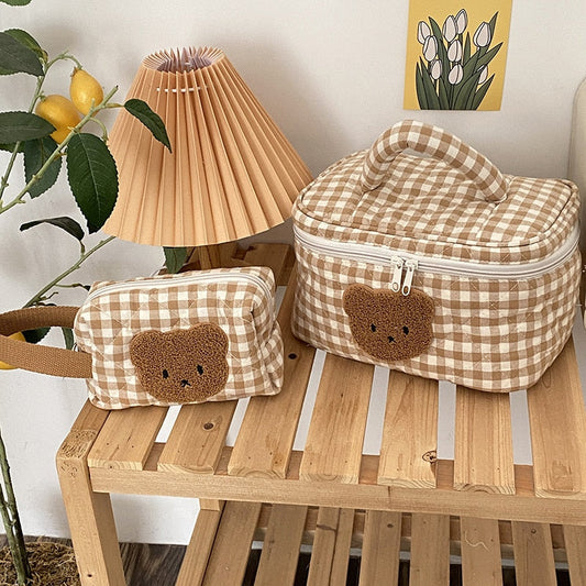 Realaiot Cute Bear Makeup Bag Large Capacity Portable Cosmetic Bags Zipper Pure Cotton Plaid Brushes Pouch Case For Women