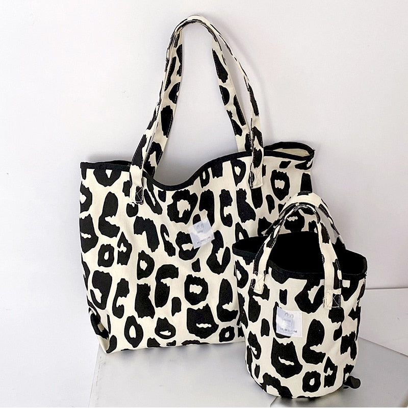 Realaiot Women Shoulder Bag Canvas Totes Bag Girl Fashion Casual Large Capacity Shopper Bag With Snap Cute Leopard Printing Handbags