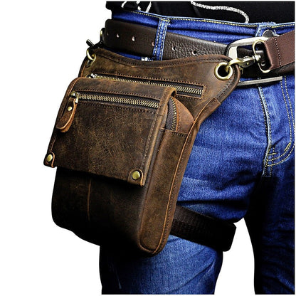 Realaiot Crazy Horse Leather men Multifunction Design Small Messenger Bag Fashion Travel Belt Waist Pack Drop Leg Bag Pouch Male 211-4-d Gifts for Men