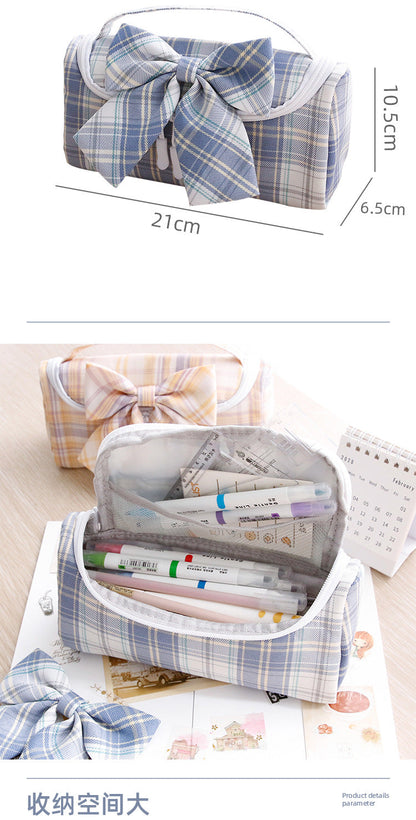 Realaiot Cute Canvas School Pencil Cases Striped Lattice Bow Kawaii Pencil Bag JK Pen Pouch Pensil Case Big Pencils Box Korean Stationery