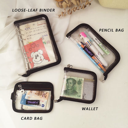 Realaiot Korean Ins Laser Transparency Pencil Bag PVC Black Border Flash Powder Loose-leaf Binder Girl Personalized Bank Card Bag Wallet