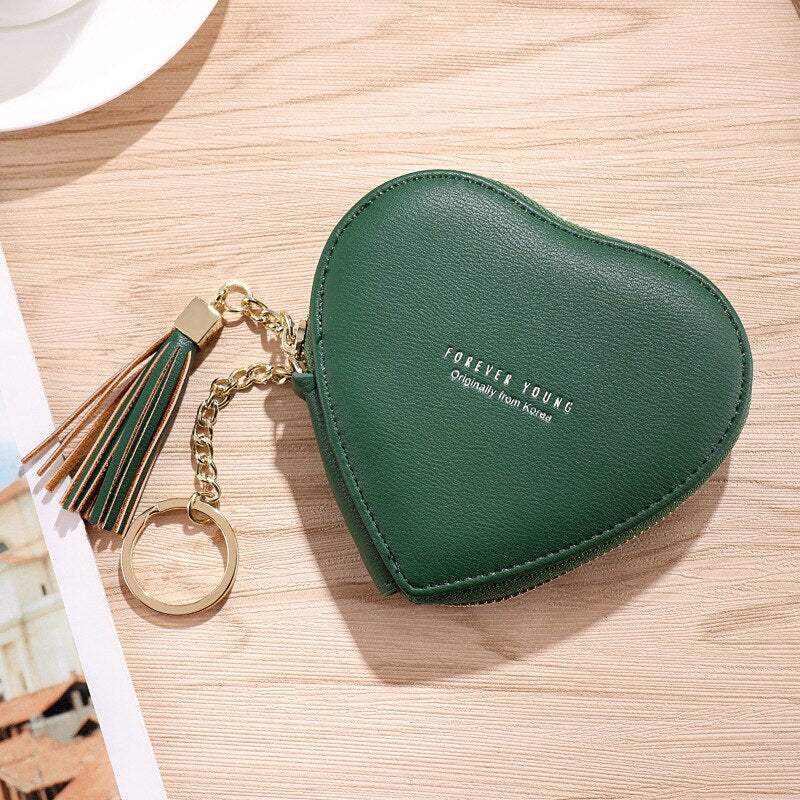 Realaiot Women's Heart Shape Small Coin Wallets PU Leather Zipper Key Ring Tassels Card Holder Mini Purse Cute Portable Female Clutch Bag