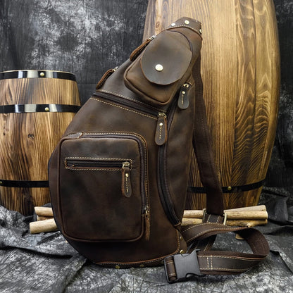 Realaiot Crazy Horse Leather Big Chest Bag Genuine Leather Sling Bag Mans Chest Pack Leather Crossbody Bags For Men Sports Riding