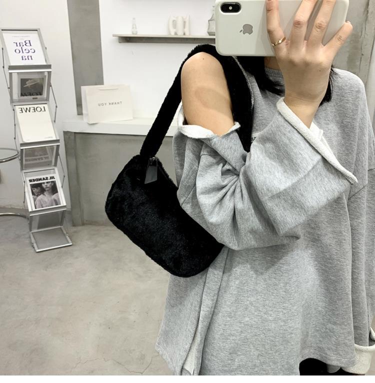 Realaiot Simple Design Women Soft Plush Hobos Shoulder Bags Winter Furry Ladies Clutch Purse Handbag Fashion Female  Underarm Bag