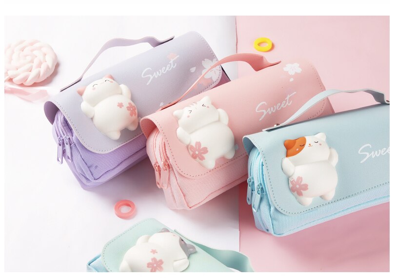 Realaiot Cute Cat Decompression Pencil Case Big Pencil Box Portable Girls Pen Bag Double Layer School Pouch Kawaii Stationery Pensil Case