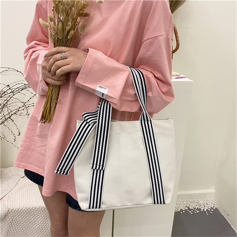 Realaiot Women Shoulder Bags Bow Tote Bag Ladies Designer Large Capacity Canvas Bag Striped Strap Ins Casual Cloth Bags 苤�邾郕訄 �迮郇�郕訄�