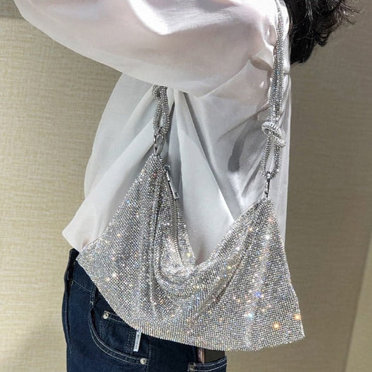 Realaiot Handle Rhinestones Evening Clutch Bag silver Shiny Crystal Dinner Party Wedding Purses and Handbag Luxury Designer Shoulder Bag