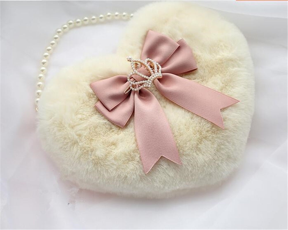 Realaiot Kawaii Heart-shaped Lolita Girl Messenger bag Harajuku Plush Bow JK Uniform Cute Furry Chain Shoulder Bag Handbag