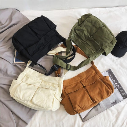 Cyflymder Multi Pockets Canvas Big Size Handbag Female Male Teenager Student Over Large High Street Hip Hop Zipper Messenger Bag