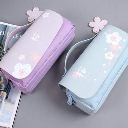 Cyflymder Sakura Pencil Bag PU Leather Pen Case Kawaii Stationery Ruler Pouch for School Girl Sweet Eraser Holder Gift Box Flowers Storage