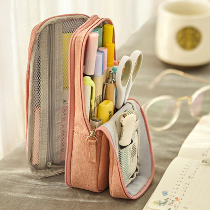 Realaiot  Normcore Pen Bag Pencil Case Two Layer Foldable Stand Fabric Phone Holder Storage Pouch for Stationery Office School A6171