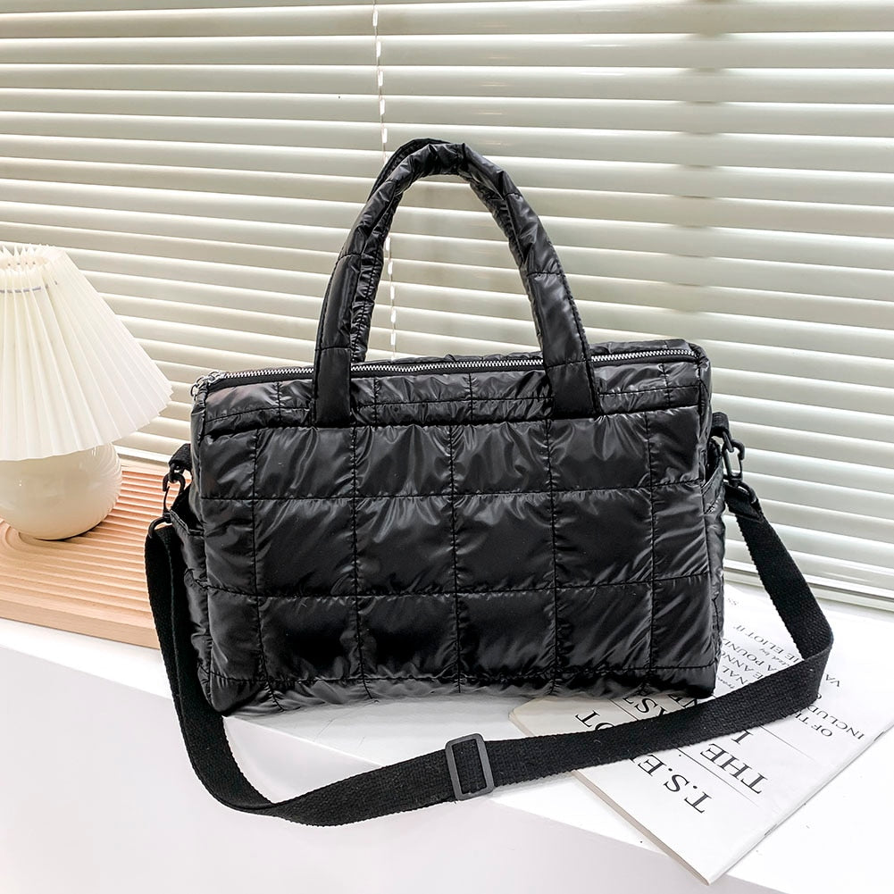 Realaiot Winter Down Bag Quilted Space Cotton Handbags For Women Large Capacity Tote Bags Female Wide Strap Feather Padded Crossbody