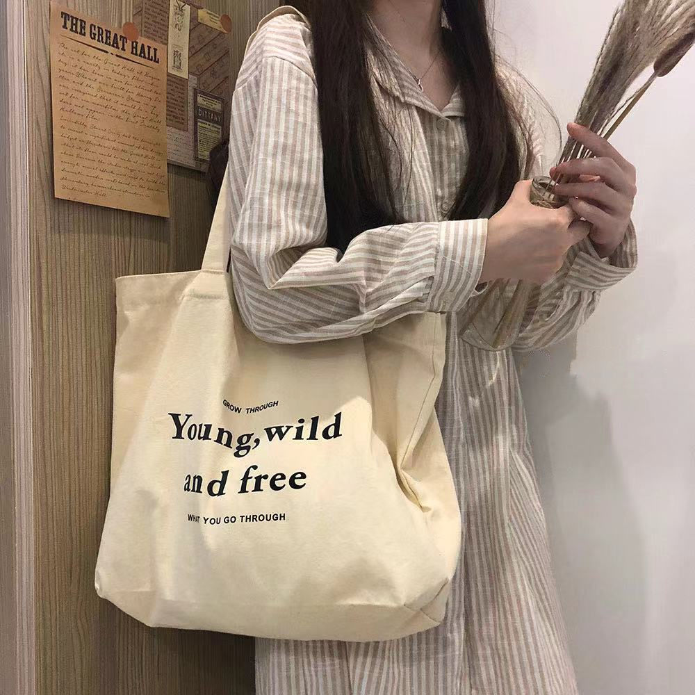 Cyflymder Print Student Shoulder Bags for Women Casual Tote Letter Large Capacity Interior Zipper Pocket Canvas Shopping Bag Travel Bolso