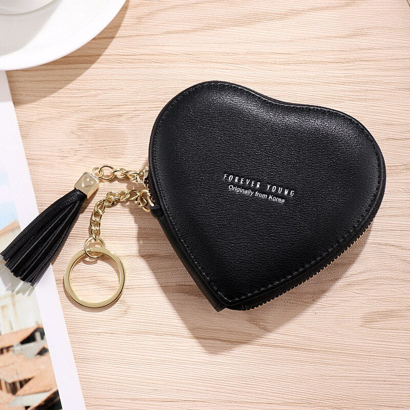 Realaiot Women's Heart Shape Small Coin Wallets PU Leather Zipper Key Ring Tassels Card Holder Mini Purse Cute Portable Female Clutch Bag