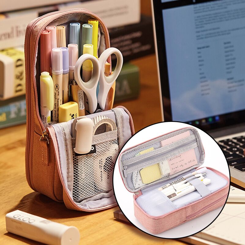 Realaiot  Normcore Pen Bag Pencil Case Two Layer Foldable Stand Fabric Phone Holder Storage Pouch for Stationery Office School A6171