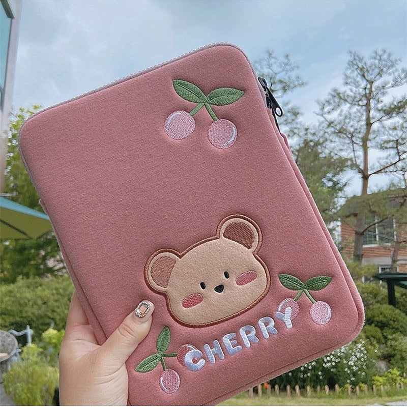 Realaiot Korean Cherry Bear Laptop Ipad Sleeve Bag Pouch For  Mac Ipad Pro 9.7 10.5 10.9 11 13 Inch Tablet Cover Case Inner Storage Bag