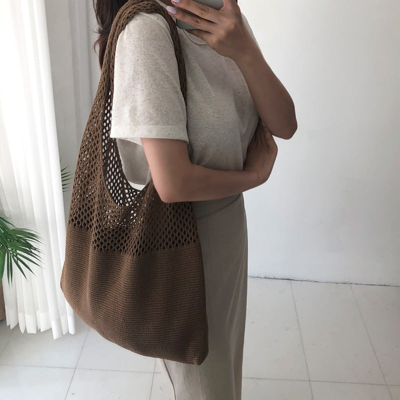 Realaiot casual hollow woven women shoulder bags designer knitting handbags large capacity tote summer beach bag big purses shopper sac