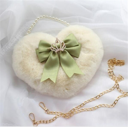 Realaiot Kawaii Heart-shaped Lolita Girl Messenger bag Harajuku Plush Bow JK Uniform Cute Furry Chain Shoulder Bag Handbag