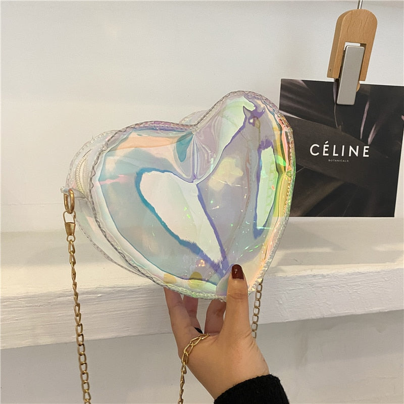 Realaiot Summer Transparent Jelly Women Bag New Fashion Women's Laser Heart Chain Bag Shoulder Messenger Bag New Year Gifts for Women