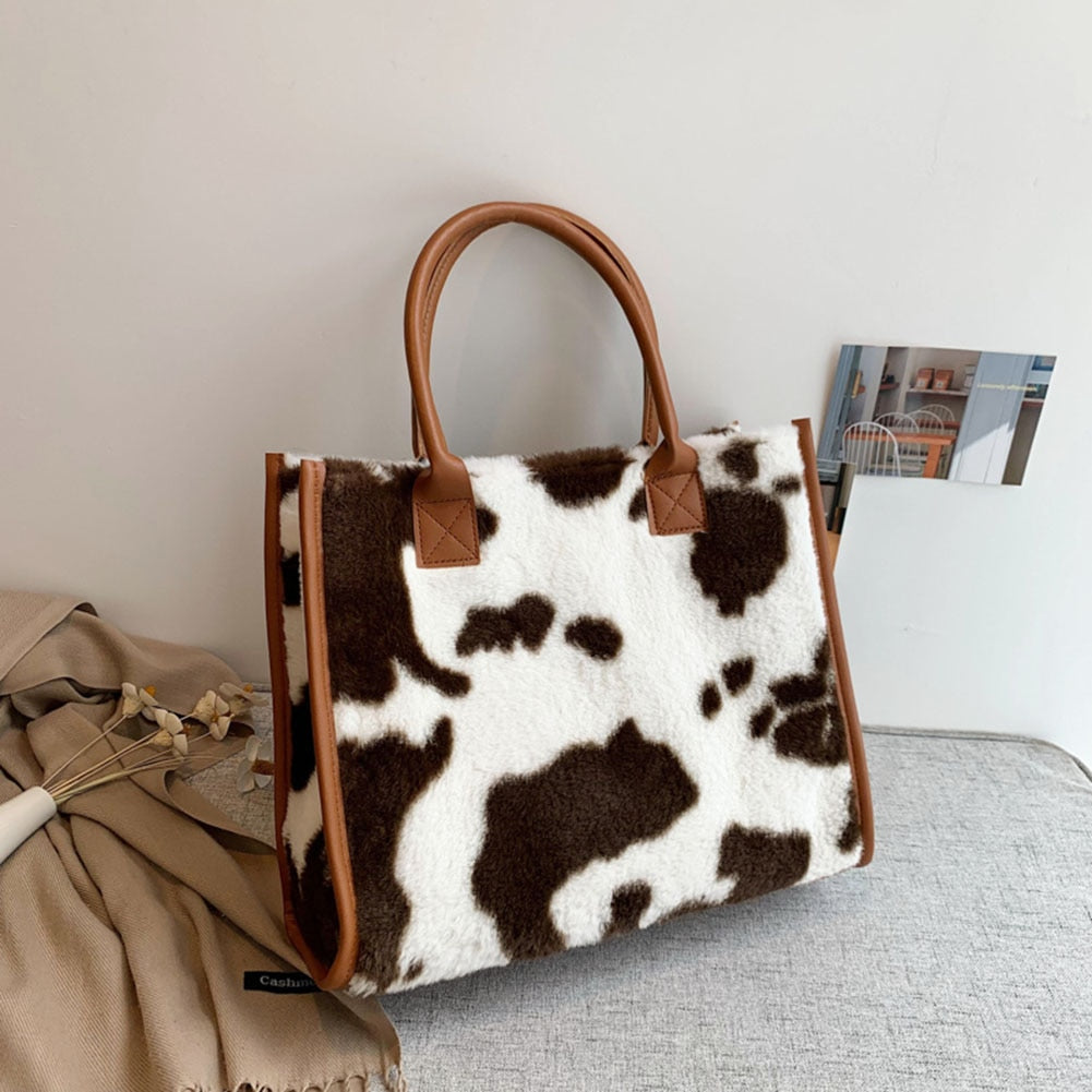 Realaiot Top-Handle Bags Retro Cow Leopard Print PU Leather Plush Design Autumn Winter Fashion Small Women Small Handbags