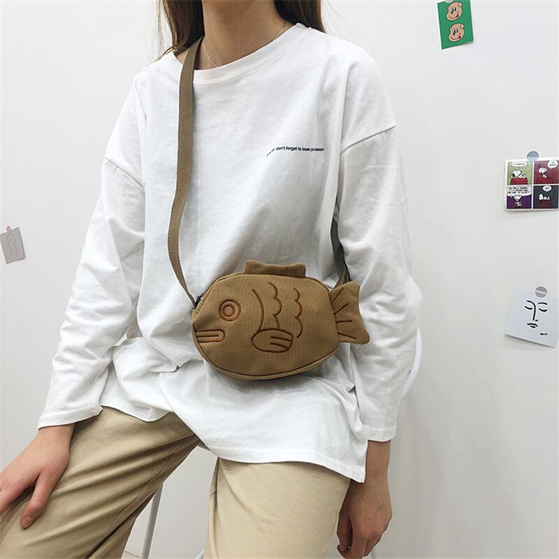 Realaiot Cartoon Fish Canvas Ladies Messenger Bag Casual Female Small Shoulder Bags Portable Girl Student Crossbody Bags Phone Purse