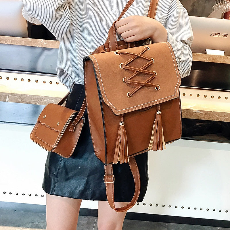 Realaiot Women Leather Backpack Female Set Fashion Rucksack Brand Designer Vintage Shoulder Bag Mochila Escola tassel School Backpack