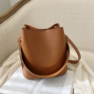 Realaiot casual wide strap bucket bag designer women shoulder bags luxury pu crossbody bag large capacity messenger bag simply purse