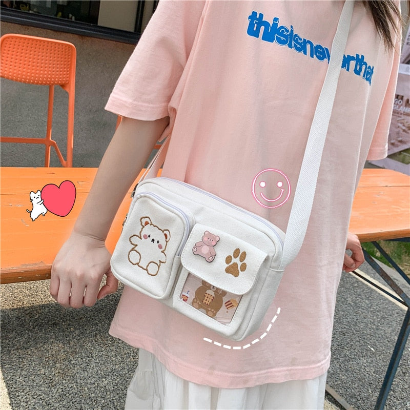 Realaiot Women's Messenger Bags Ladies Canvas Printed Cute Bear Bag Lady Sweet Cartoon Student Shoulder Bag School Bag