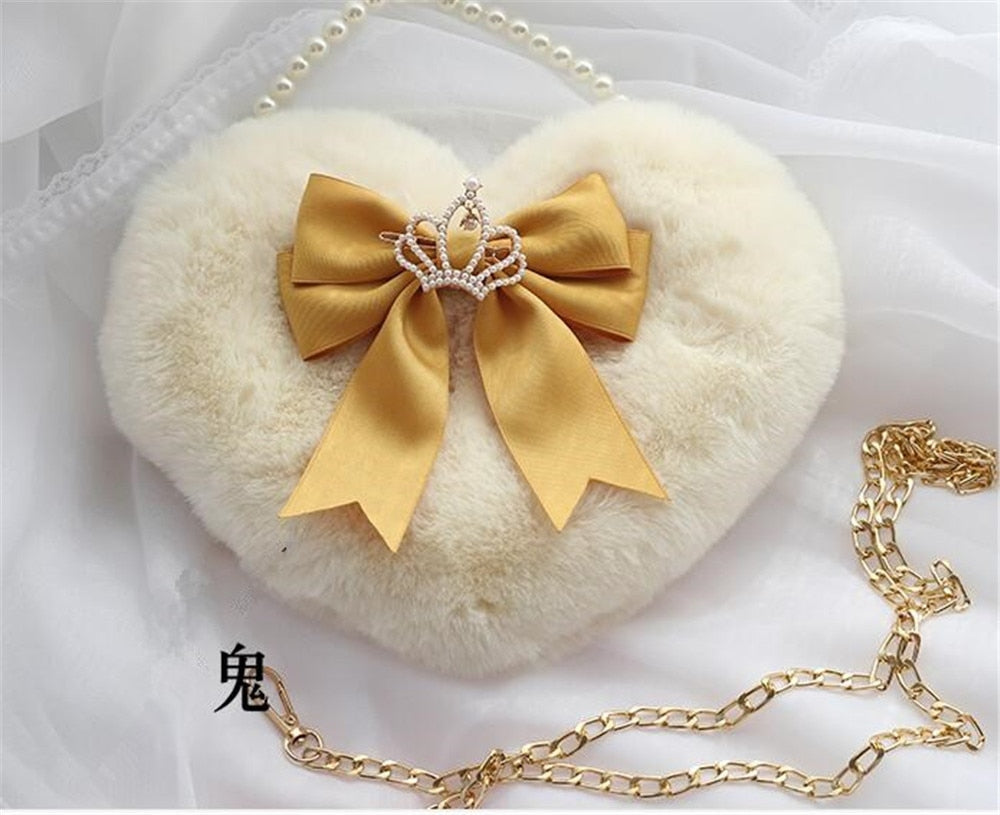 Realaiot Kawaii Heart-shaped Lolita Girl Messenger bag Harajuku Plush Bow JK Uniform Cute Furry Chain Shoulder Bag Handbag