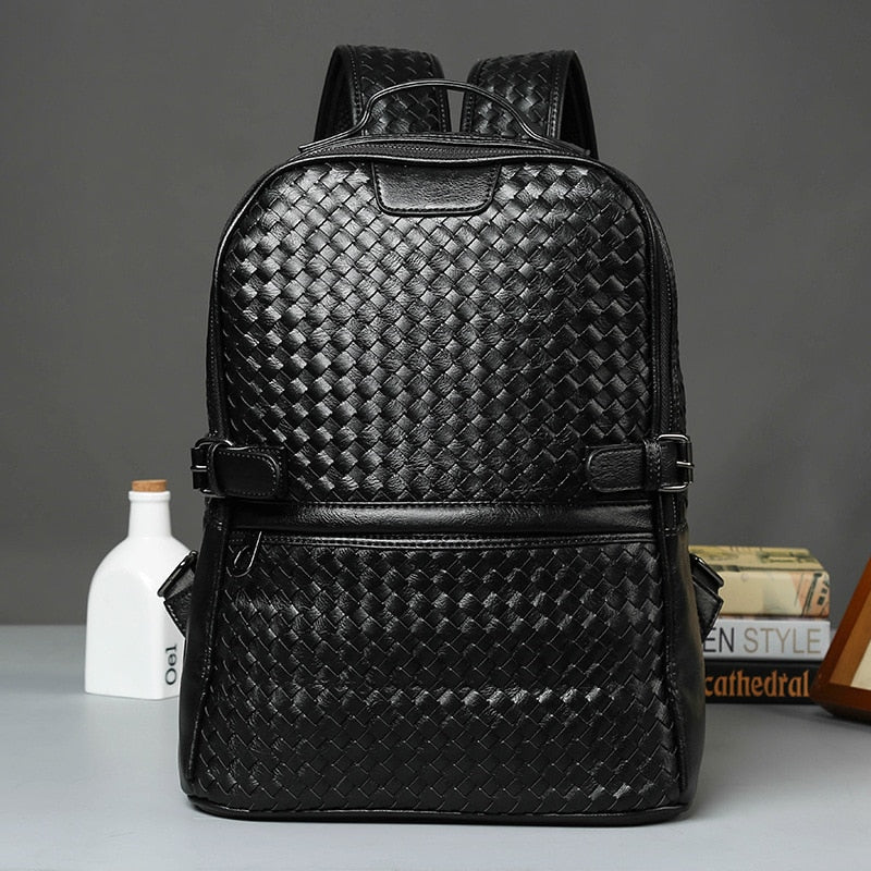Realaiot Fashion PU Leather Woven Backpack for Men Luxury Business Laptop Bag Mens Backpack Zipper Travel High Capacity Backbag Male Bags